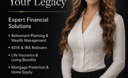 A woman with long wavy hair in a white blazer stands against a dark background with financial text and logo.