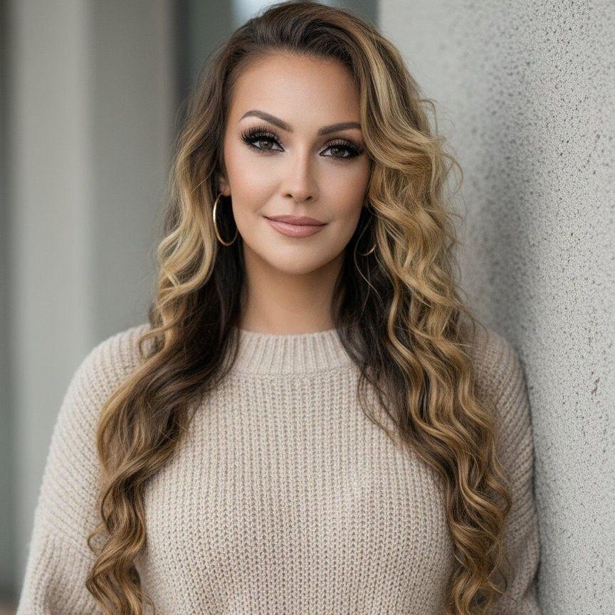 Woman with long wavy hair, makeup, hoop earrings, wearing a beige sweater, standing against a textured wall.