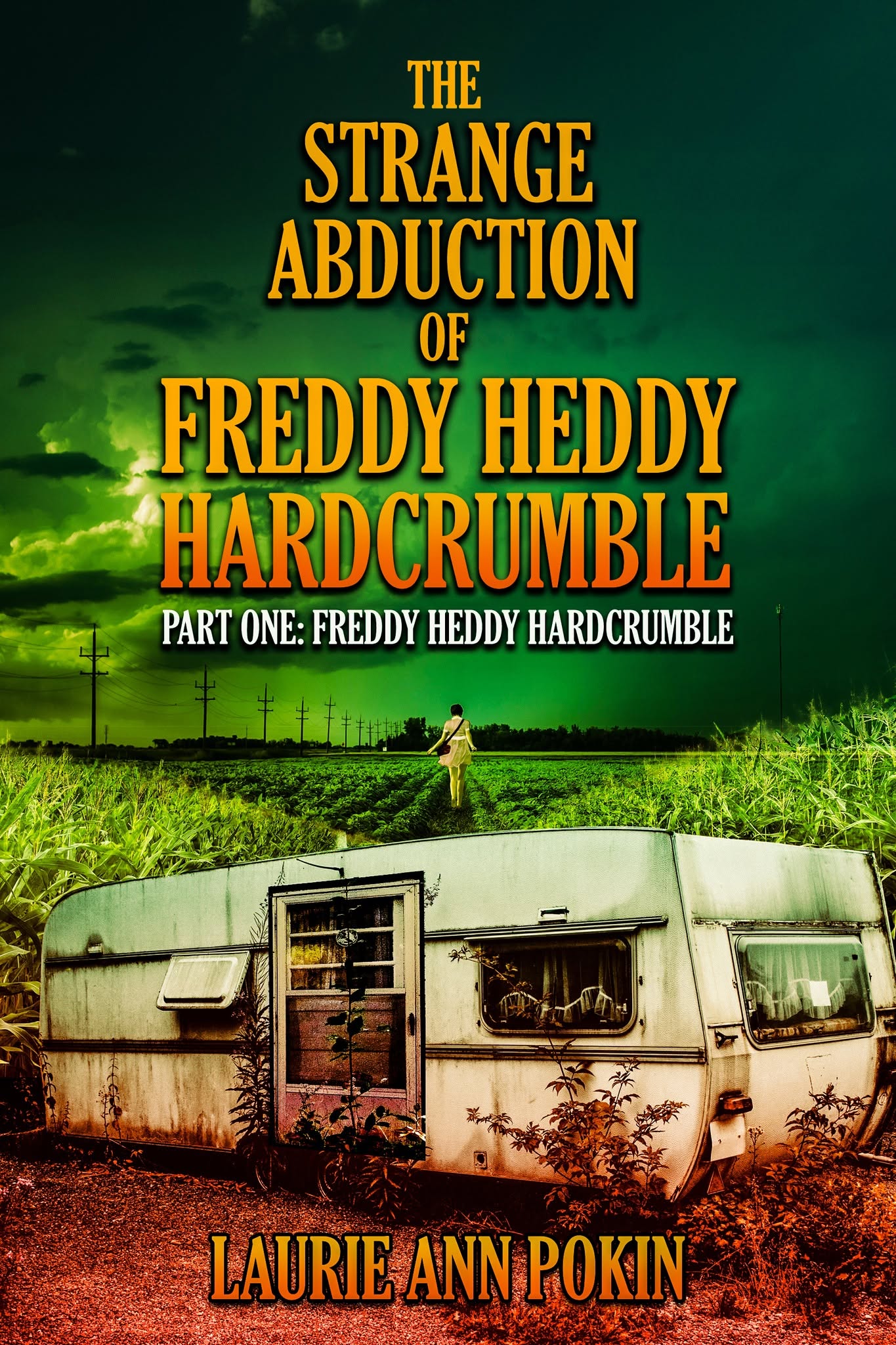 Book cover with a green sky, a person walking in a field, and an old caravan in the foreground.