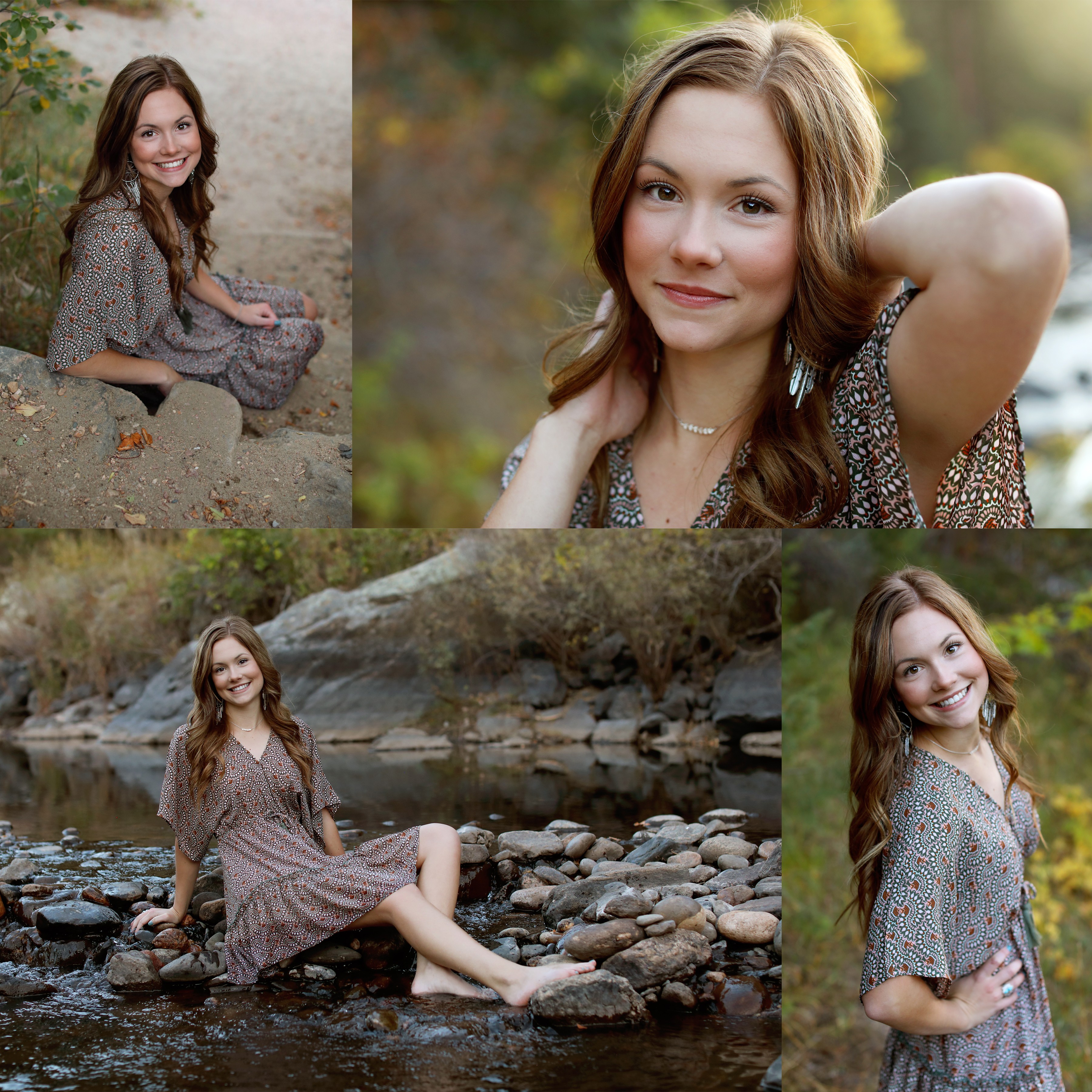 Four images of a young woman outdoors, in different poses and settings, smiling and relaxed.
