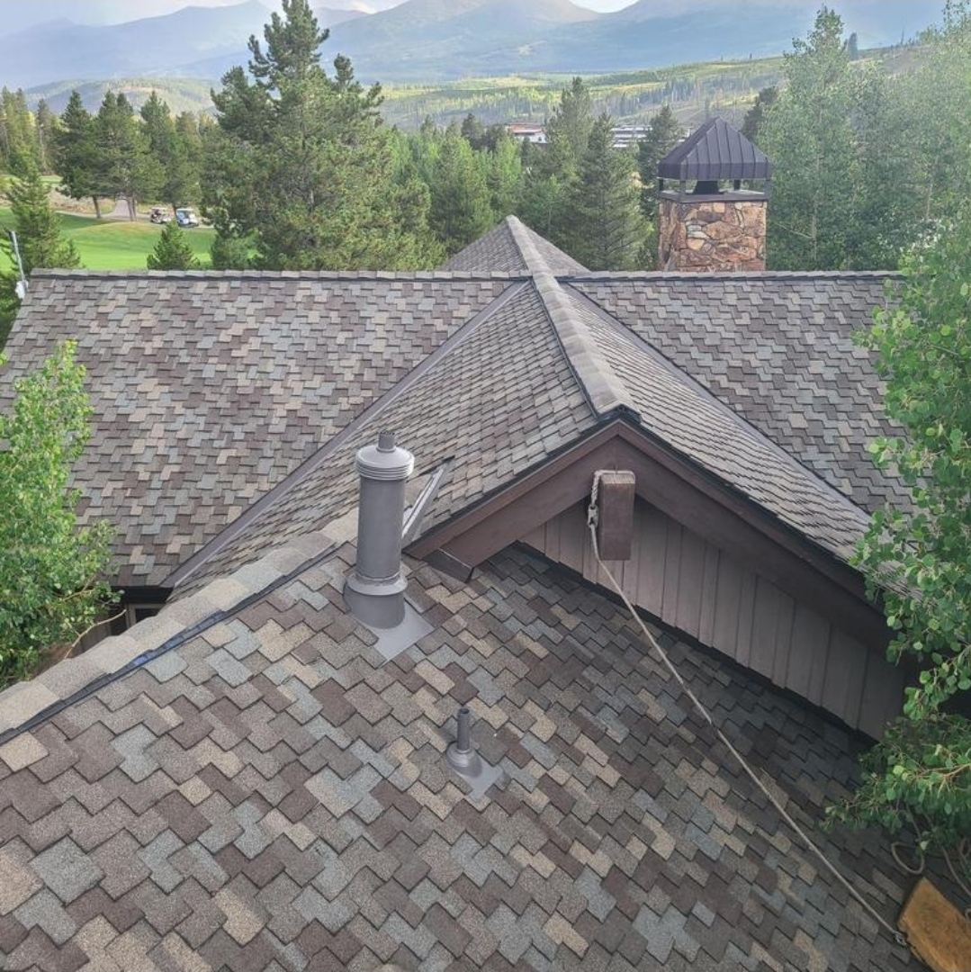 View of rooftops with shingles, chimney, and surrounding trees, with mountains in the background.