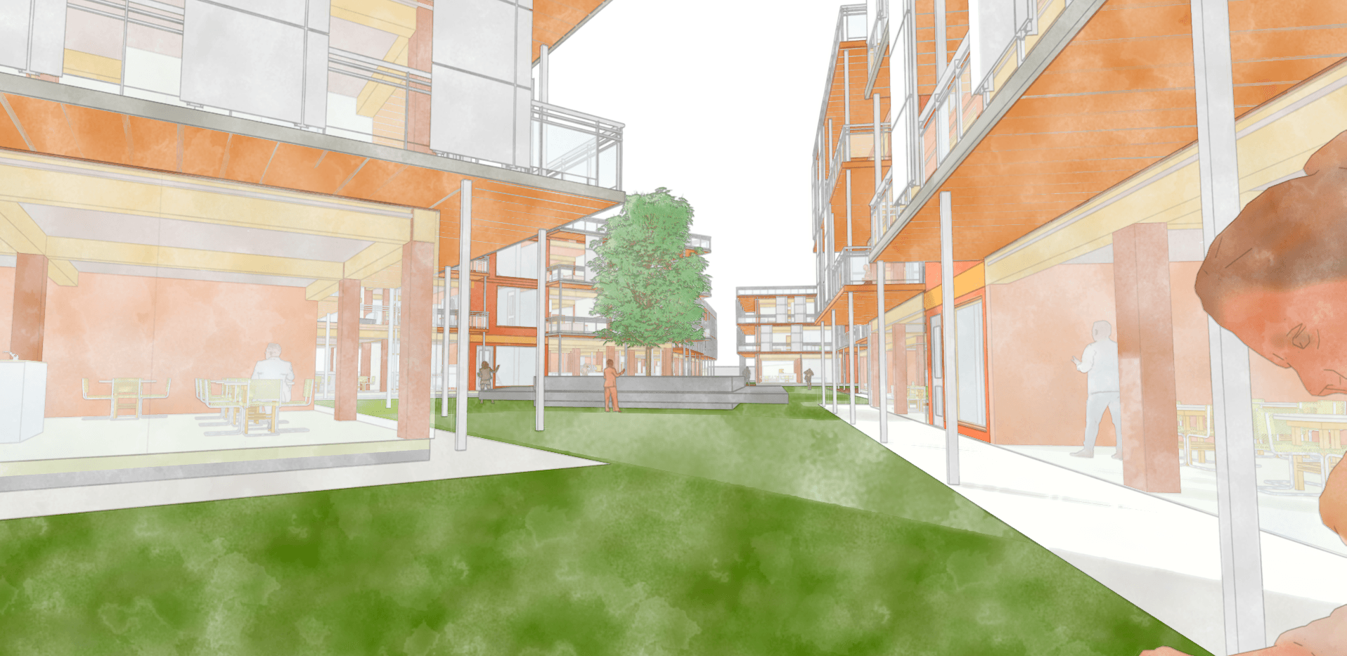 A modern residential complex with glass balconies and a green lawn in the center, with people walking and trees in the background.