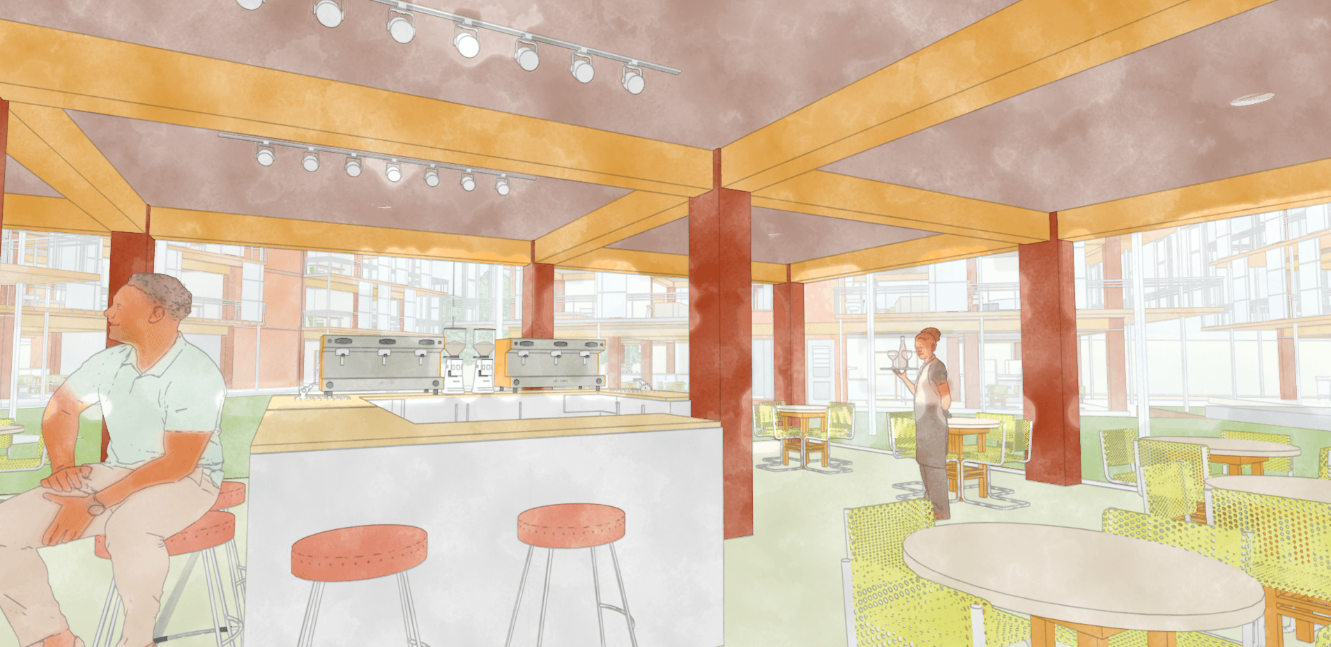 Bright cafe interior with large windows, seating area, and a person standing near a table.