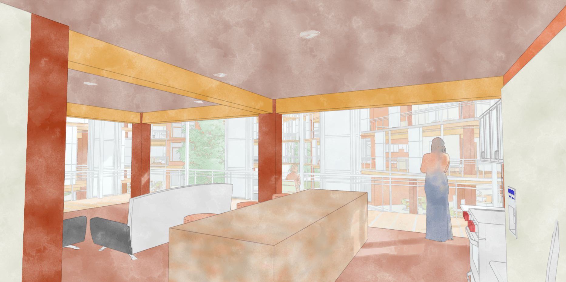 Interior of a room with large windows, a person standing near a window, and a counter or desk, with warm lighting.