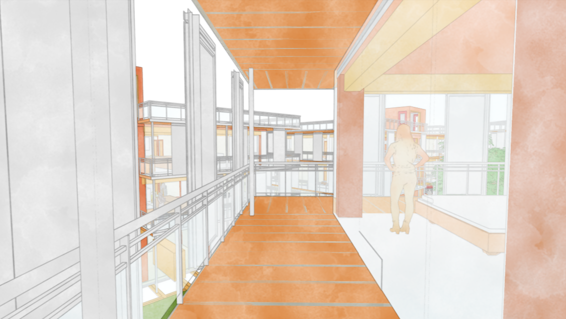Architectural drawing of a modern building corridor with glass railings and a person in the background.