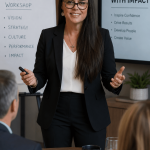 Woman in business attire speaking in a meeting room with presentation screens and a flip chart.