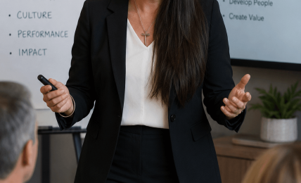 Woman in business attire speaking in a meeting room with presentation screens and a flip chart.