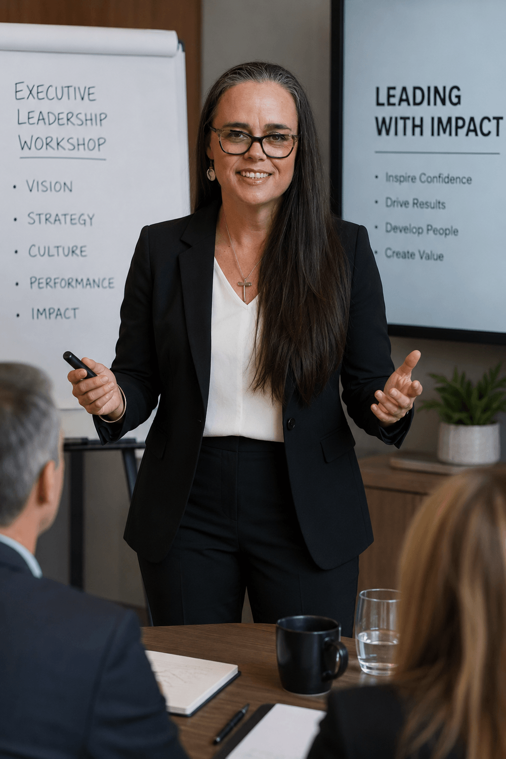 Woman in business attire speaking in a meeting room with presentation screens and a flip chart.