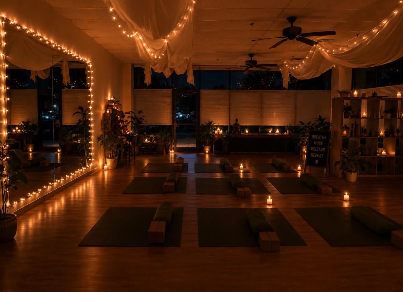 Indoor space decorated with string lights, candles, and low tables, creating a cozy atmosphere for relaxation or meditation.