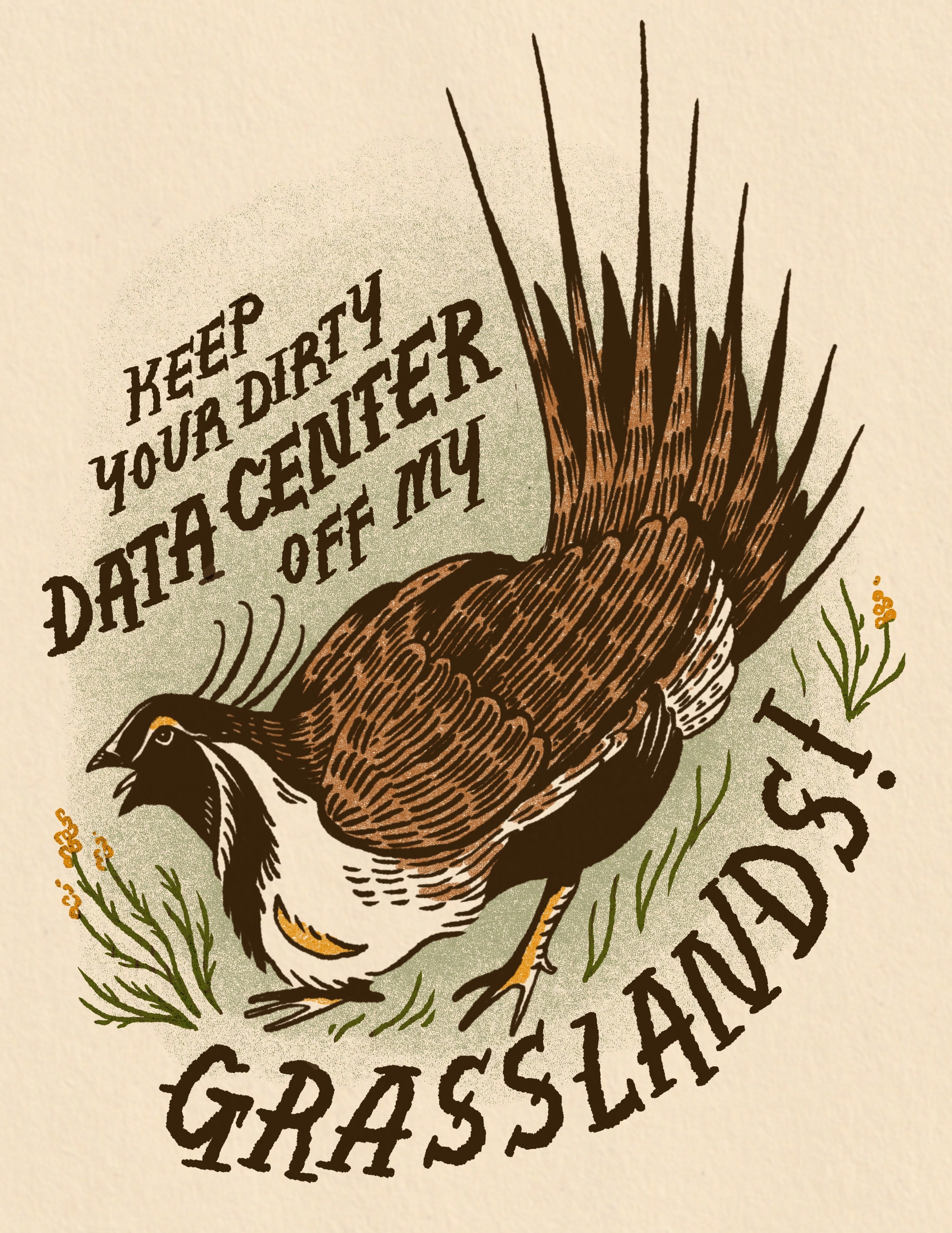 Illustration of a bird with a large tail, surrounded by grass, with text reading "Keep your dirt off my grasslands!"