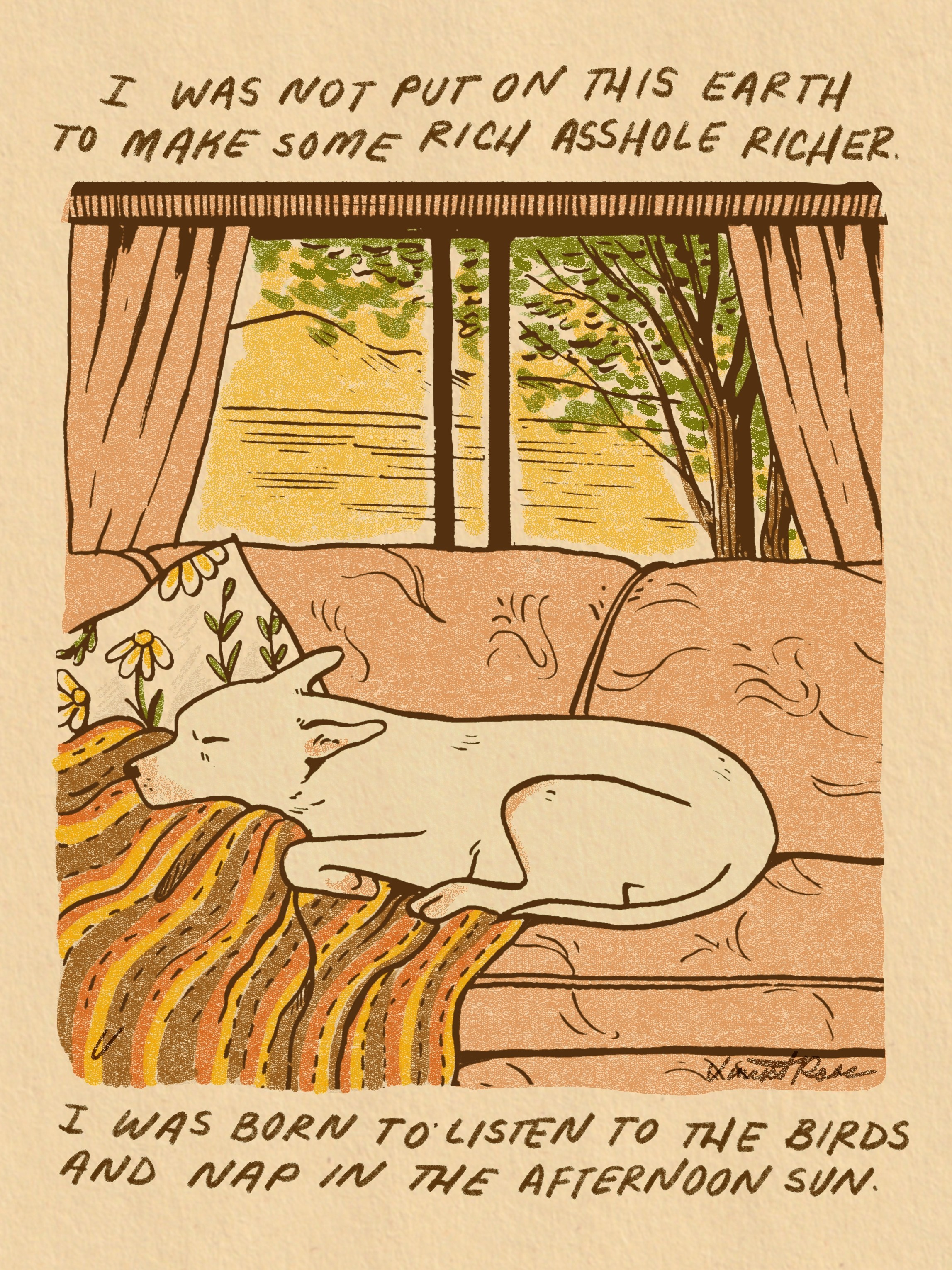 A white cat sleeps on a sofa with a colorful blanket, window showing trees and sky outside, handwritten quote above and below.