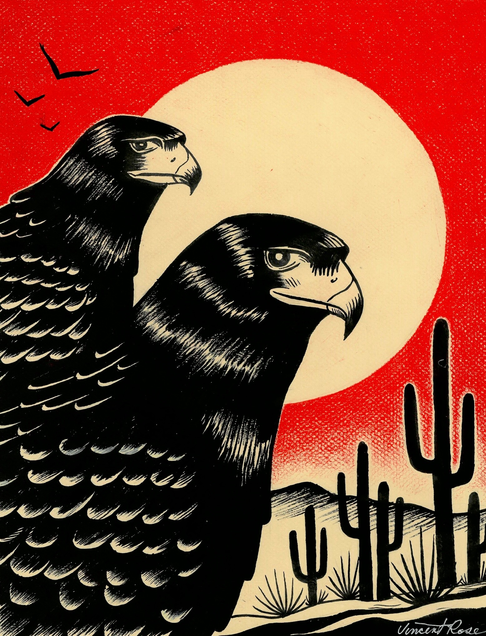 Two black eagles with detailed feathers stand in front of a large white moon and desert cacti against a red background.