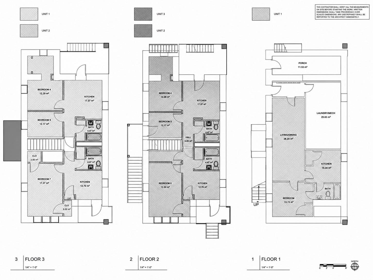 Floor plans of three levels showing rooms, stairs, and layout details, with labels for each floor and room.