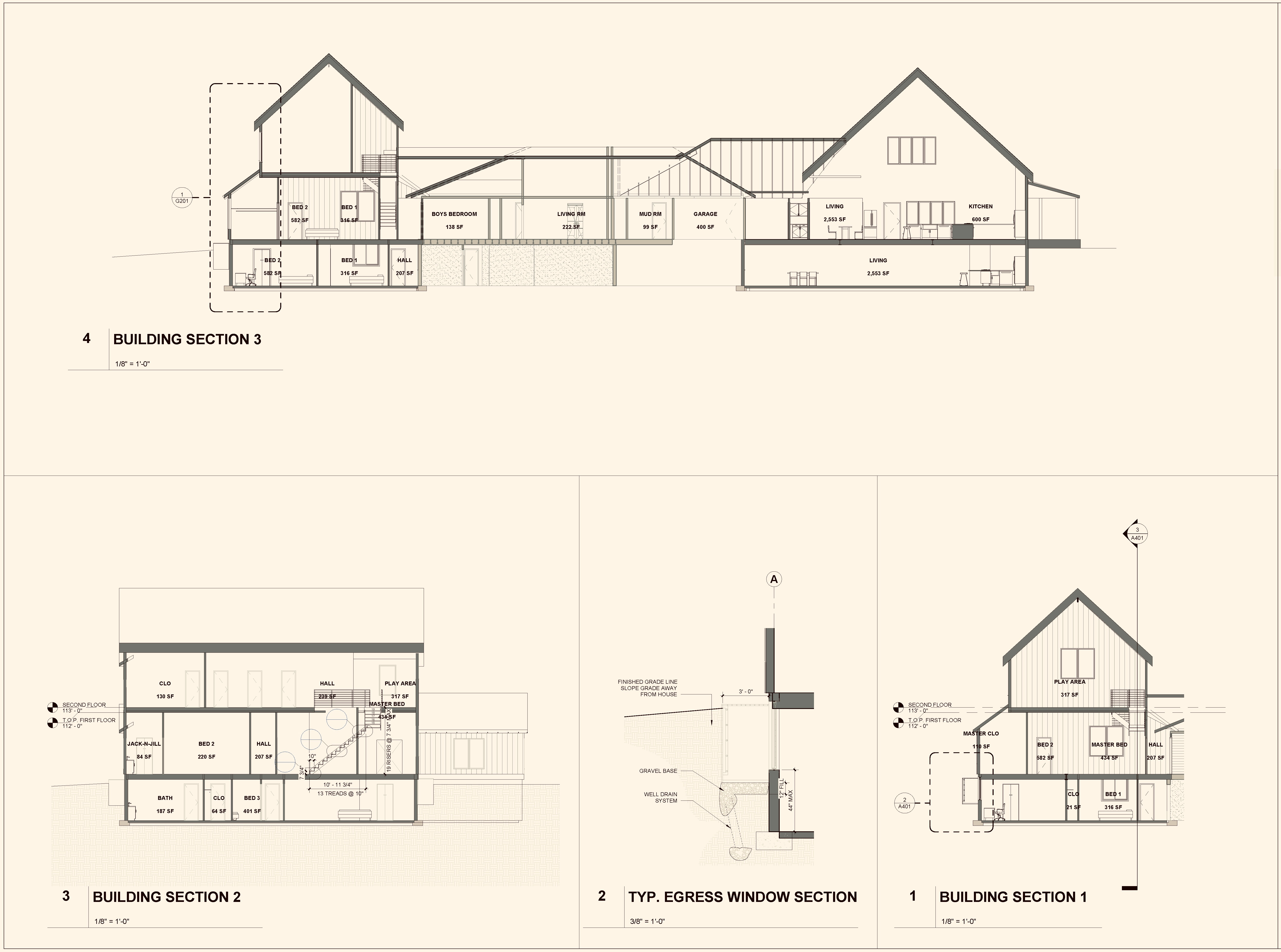 Architectural blueprint with building sections and floor plans, showing detailed structural and design elements.