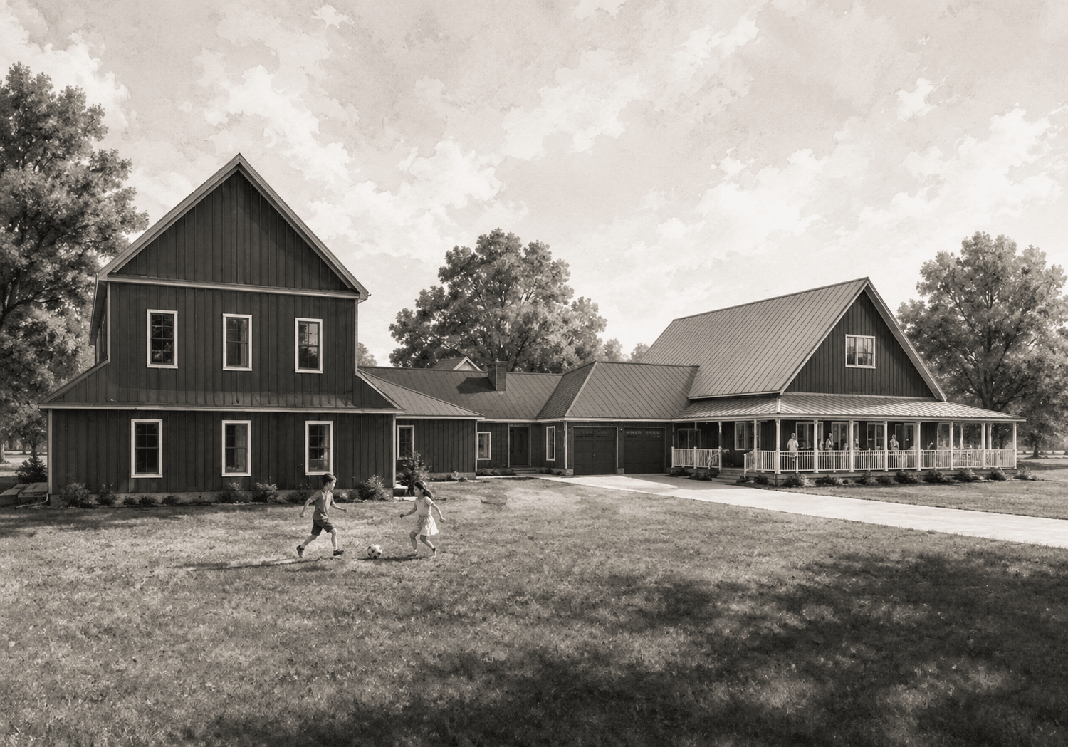 Two children walk on grass in front of a large barn-style building with multiple sections and a porch, trees in background.
