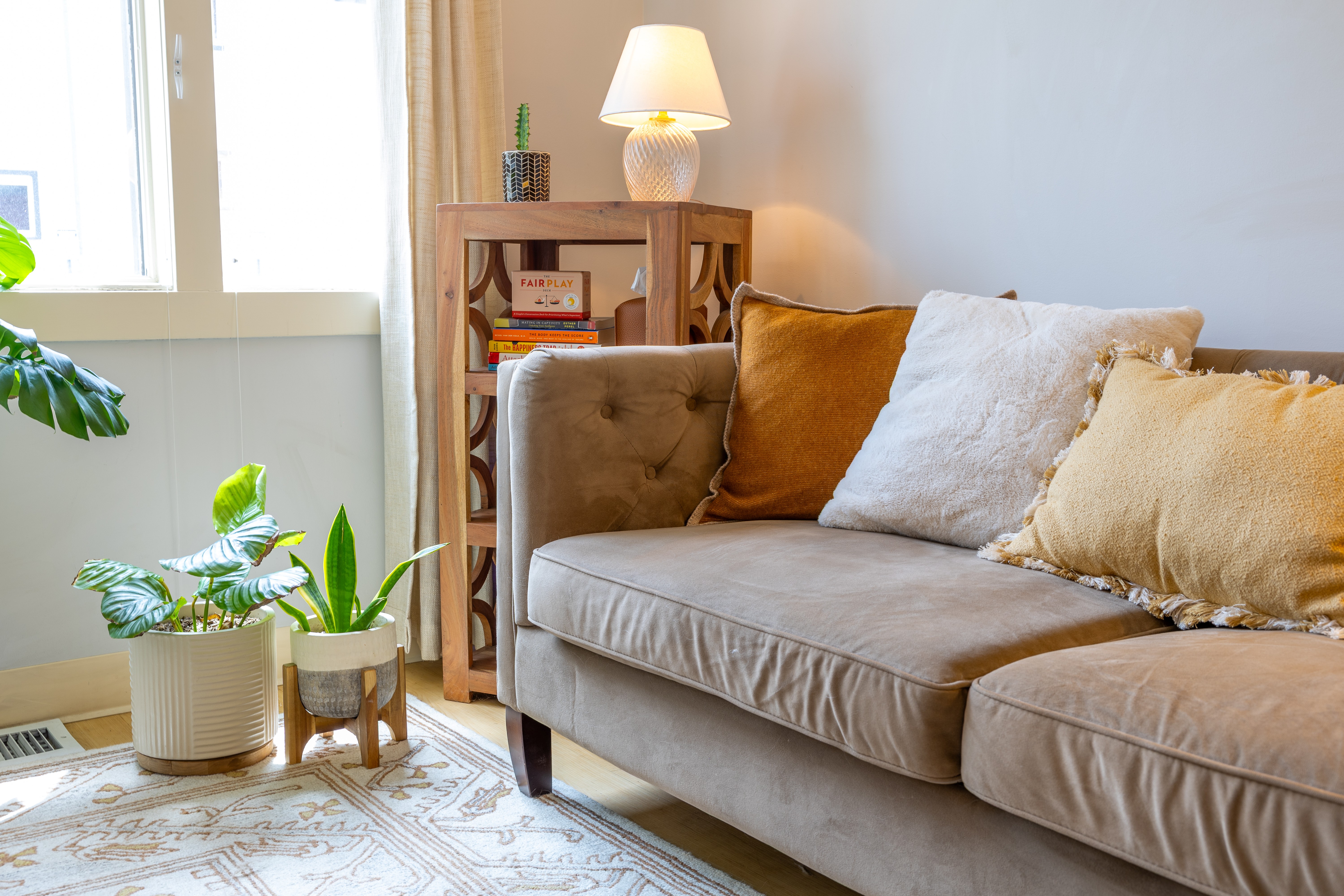 Living room with a beige sofa, pillows, a wooden shelf with a lamp, and potted plants near a window.
