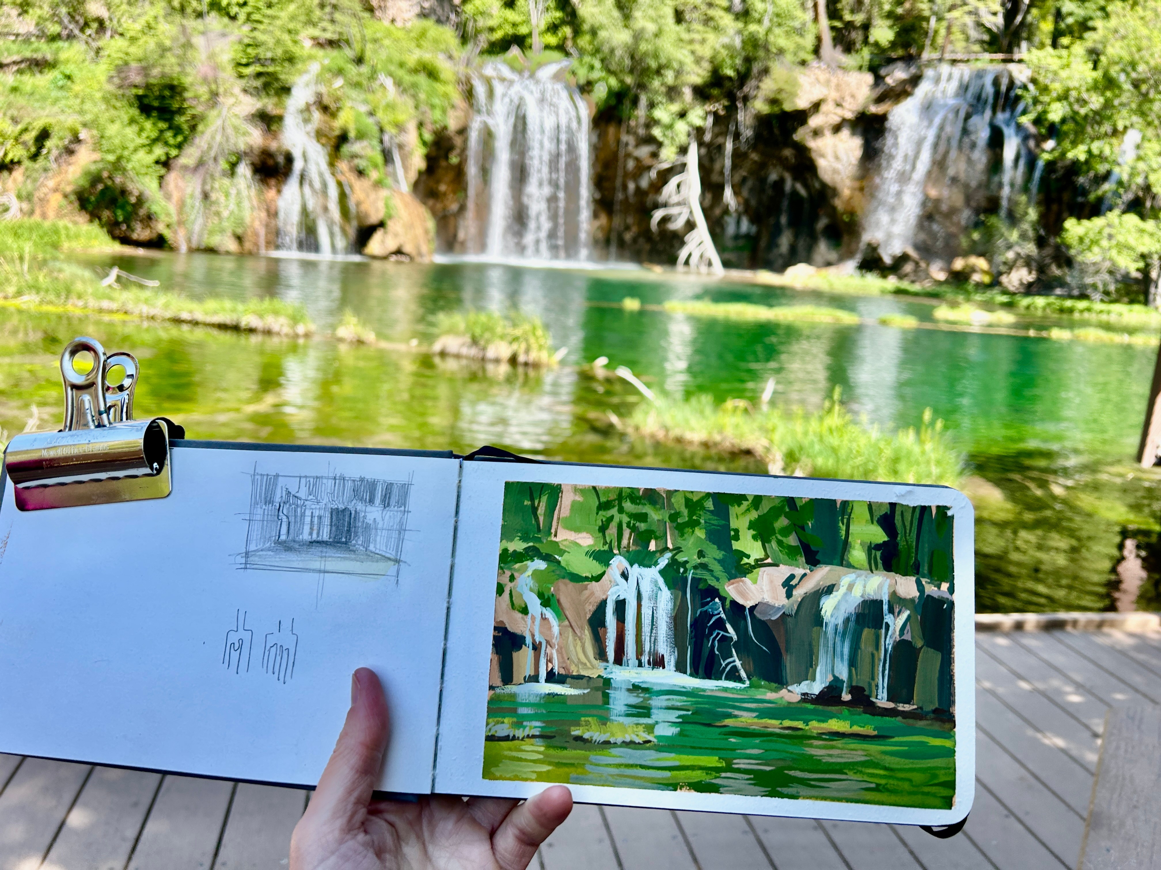 Person holding a photo album with waterfall images, with a real waterfall in the background, surrounded by trees and greenery.