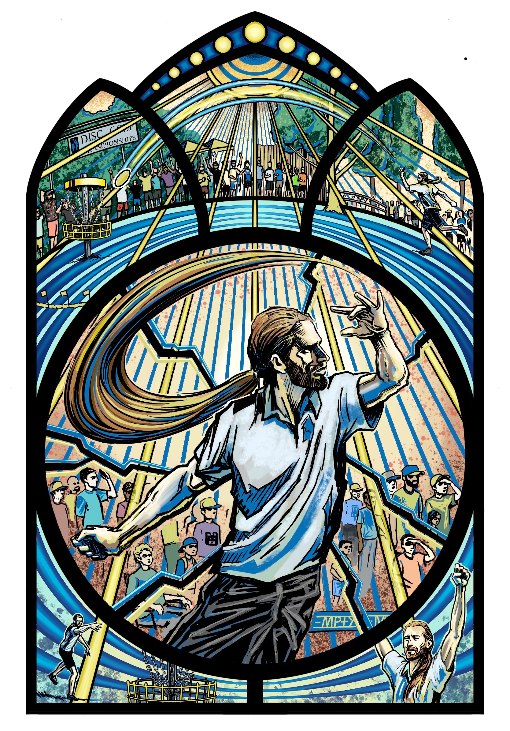 A stained glass window depicts a man with long hair and beard raising his hand, with a crowd and structures in background.