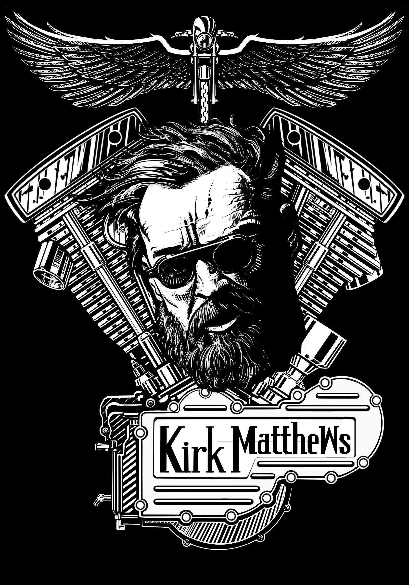 Black and white illustration of a man with sunglasses and a beard, with mechanical and wing elements, and the name Kirk MatthewWs.