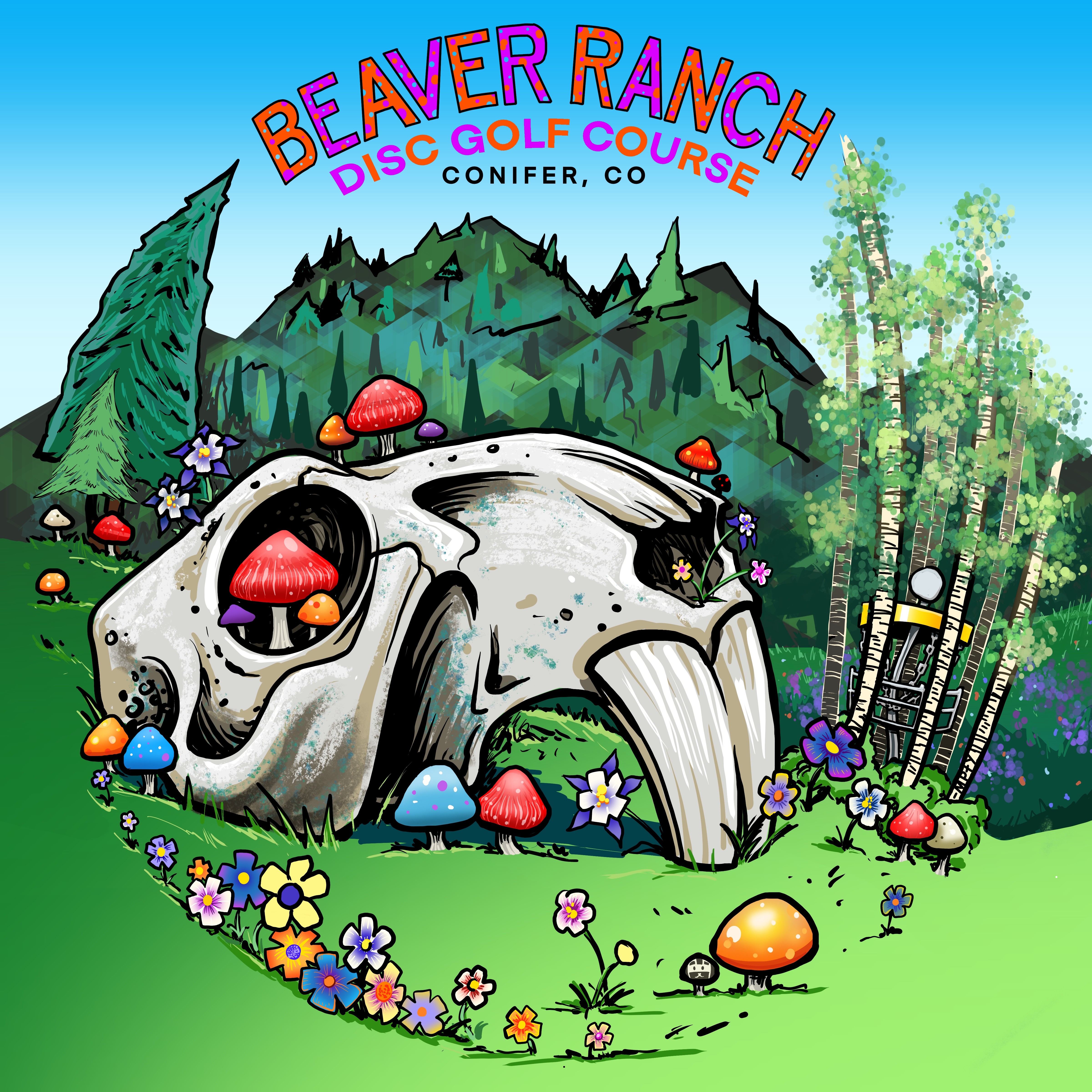 Illustration of a large animal skull with mushrooms and flowers, set against a forested mountain background, promoting Beaver Ranch Disc Golf Course.