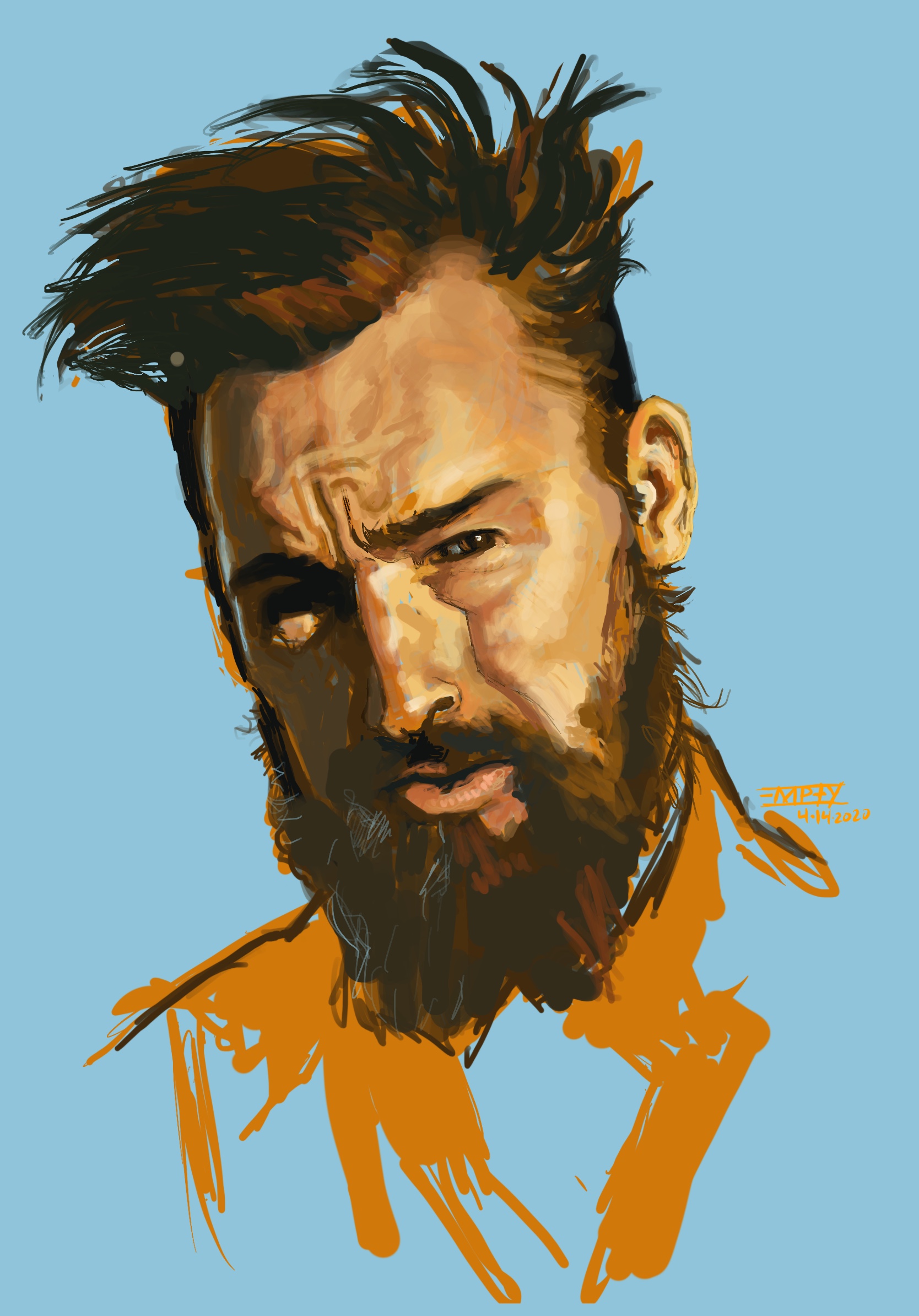 Portrait of a man with a beard and styled hair against a blue background.