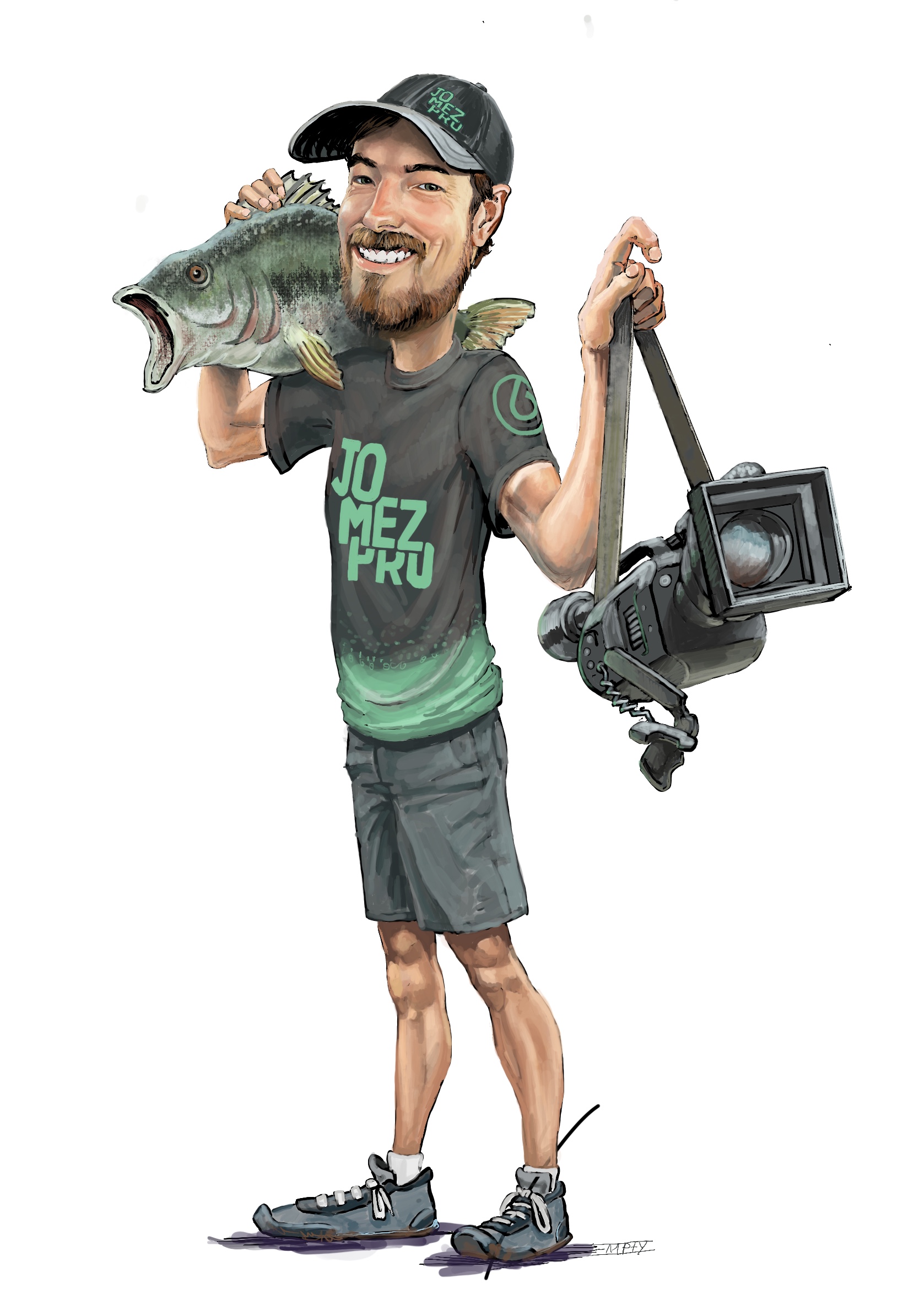 Man holding a large fish, wearing a cap, t-shirt, shorts, and sneakers, with a camera hanging from his shoulder.