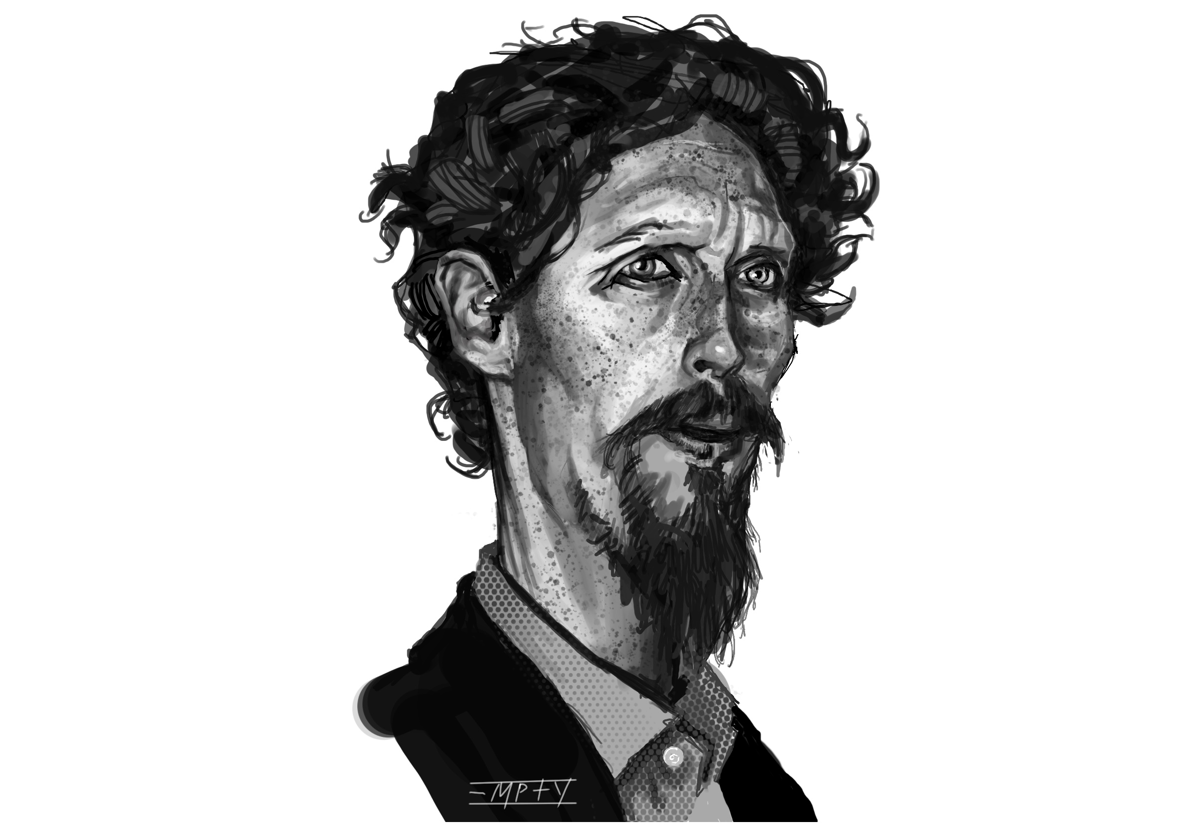 Black and white portrait of a man with curly hair, a beard, and a serious expression, wearing a collared shirt.