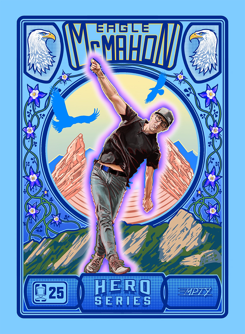 A person poses in front of a colorful illustrated card with mountains, birds, and decorative elements, part of a hero series.