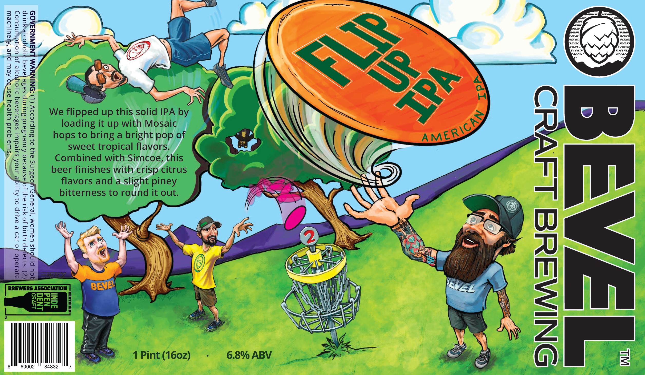 Colorful illustration of people playing disc golf outdoors with a hill, trees, and a blue sky, holding a disc labeled 'Flip Up TPA'.
