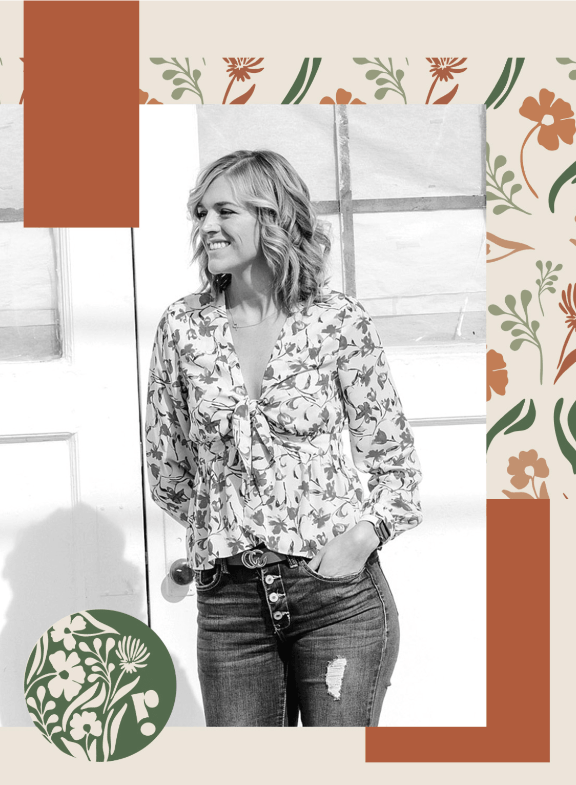 Woman smiling, standing indoors with windows in background, wearing floral blouse and jeans, surrounded by decorative shapes.